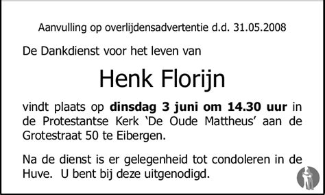 Gerrit Hendrik Henk Florijn 29 05 2008 Overlijdensbericht En