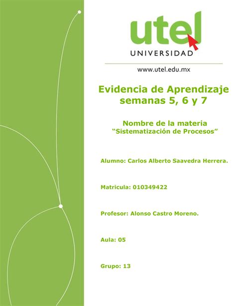 Evidencia De Aprendizaje Semanas 5 6 Y 7 Sistematización De Procesos