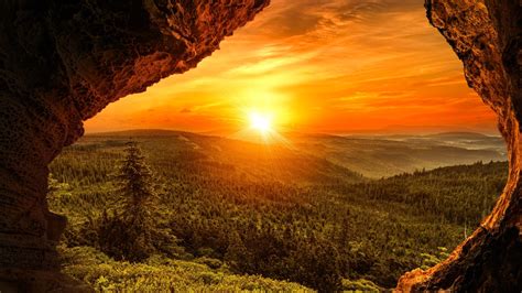 Download Sunbeam Forest Sunset Landscape Nature Cave 4k Ultra HD Wallpaper