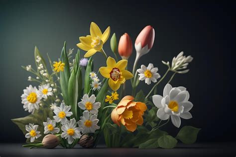 Un Cuadro De Flores Y Tulipanes Con Fondo Oscuro Foto Premium