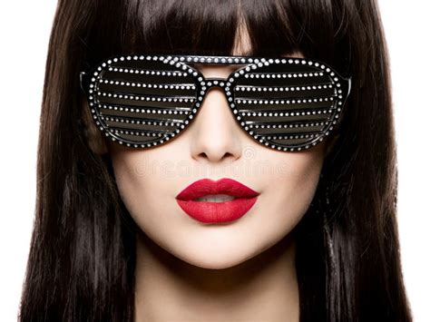 Fashion Portrait Of Woman Wearing Black Sunglasses With Diamonds And Red Lips Stock Image