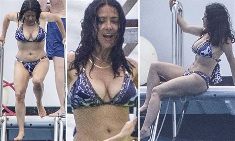 Exclusive Salma Hayek Puts On Busty Display In A Skimpy Blue Bikini As She Cools Down In