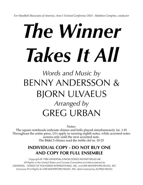 The Winner Takes It All Arr Greg Urban By Abba Sheet Music For