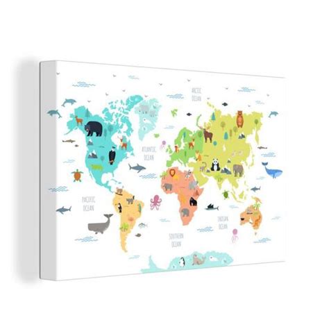 MuchoWow Tableau Sur Toile Carte Du Monde Animaux Enfants