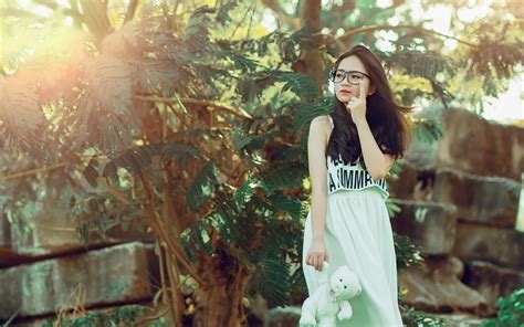 Wallpaper Sunlight Forest Model Women With Glasses Asian Teddy Bears Photography Dress