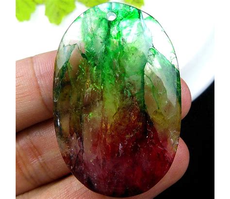 Red Green Druzy Geode Agate Oval Gemstone Pendant Focal Bead 47x30x8mm