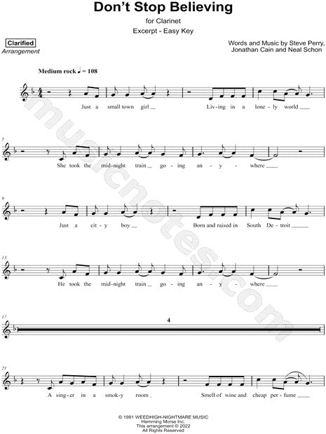 Clarified Dont Stop Believin Excerpt Easy Sheet Music Clarinet Solo In F Major