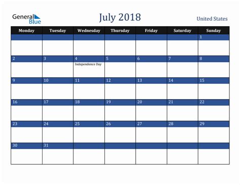 July 2018 United States Monthly Calendar With Holidays