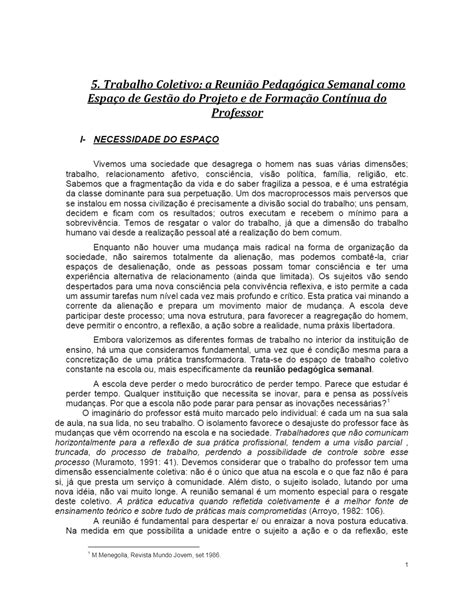 Texto O trabalho coletivo e a reunião pedagógica semanal como espaço de