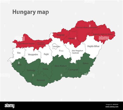 Mapa de Hungría en los colores de la bandera con las divisiones