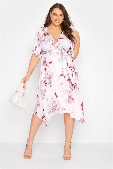 Yours London Plus Size Curve Pink Floral Print Double Ruffle Wrap Dress