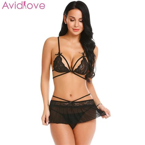 Avidlove mulher sleepwear lingerie sexy conjunto de renda g string sutiã mini saia pura