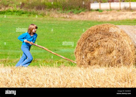 Boy Moving Bale Of Hay With Stick As A Lever Stock Photo Alamy