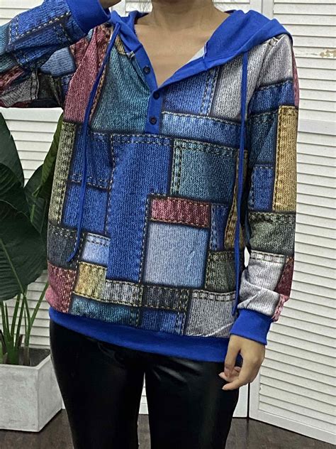Denim Look Print Button Front Long Sleeve Hoodie