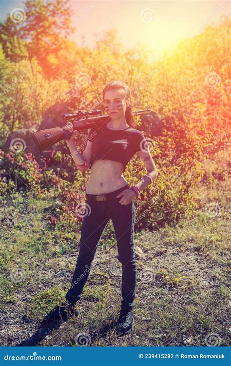 Military Fashion Woman With Rifle Hot Summer Time Stock Photo Image Of Beautiful Female