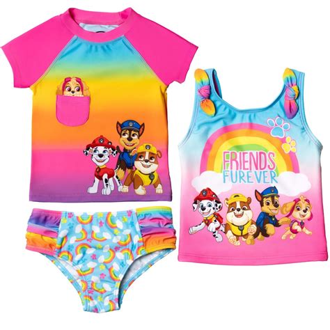 Paw Patrol Skye Chase Marshall Upf Rash Guard Tankini Top Bikini Bottom Piece Swimsuit Set