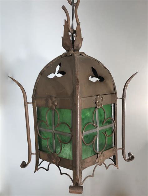 Early 1900s Gothic Revival Wrought Iron And Stained Glass Lantern Lamp Fixture For Sale At 1stdibs