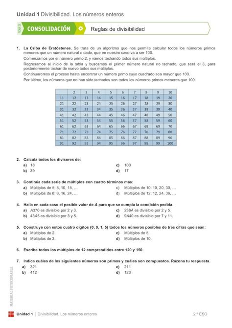 Pdf Unidad Divisibilidad Los N Meros Enteros Reglas De