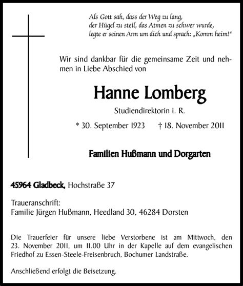 Traueranzeigen Von Hanne Lomberg Trauer In NRW De