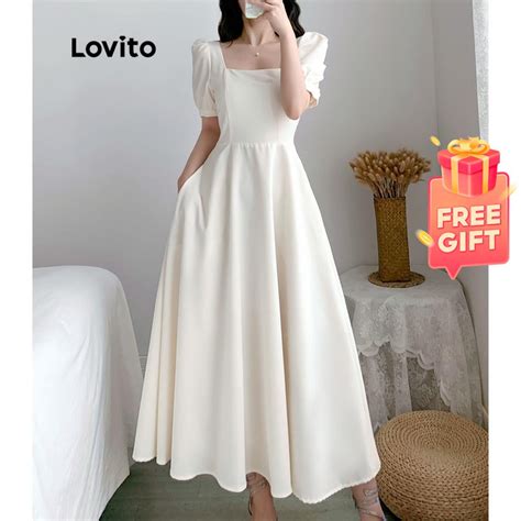 Lovito Elegant Plain Ball Gown Square Neck Dress For Women White