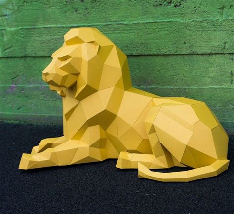 Papercraft 3d Big Lying Lion Low Poly Paper Sculpture Diy T Etsy