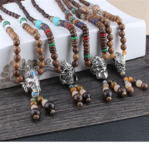 Vintage Nepal Buddha Necklace Bohemian Wood Beads Long Sweater Chain