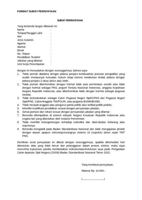 Format Surat Pernyataan Pengadaan Casn Bsn 2021 Fin File Surat