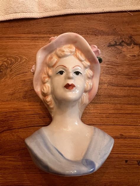 Vintage Lady Head Bust Vase Pink Hat With Flowers Blue Dress 5 1 2 Tall