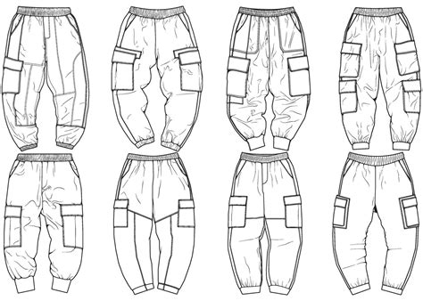 Cargo Pants fashion hand drawing technical template. Cargo pocket ...