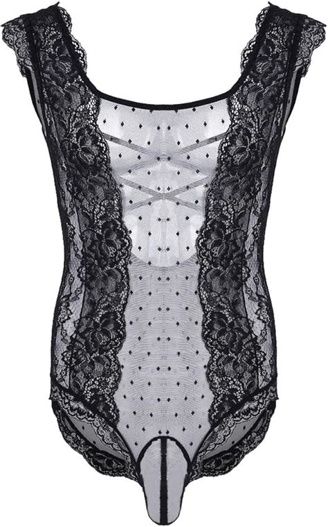 Freebily Conjunto Lenceria Bodysuit Gay Sexy Erótica Ropa Interior Mono de Encaje Transparente