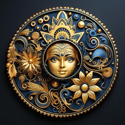 Premium Ai Image A Gold And Blue Sun With A Face On It