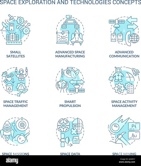 Space Exploration And Technology Turquoise Concept Icons Set Stock