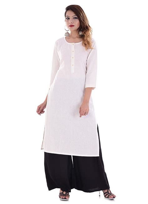 Indian White Color Women S Long Solid Kurti 100 Cotton Casual Top