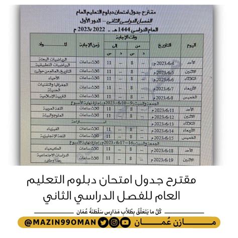 مازن عُمان On Twitter مقترح جدول امتحان دبلوم التعليم العام للفصل