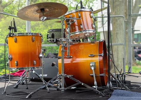 Drums On A Stage Before A Concert At A Music Festival Stock Photo