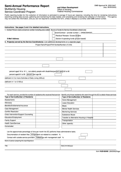 Fillable Form Hud 92456 Semi Annual Performance Report Form U S