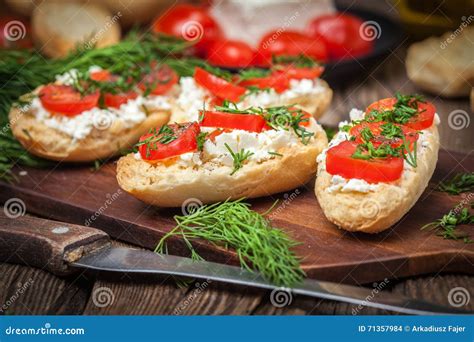 Delicious Bruschetta With Tomatoes Feta Cheese Dill And Spice Stock