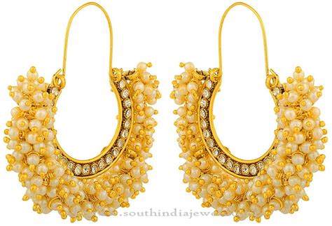 Gold Plated Pearl Hoop Earrings - South India Jewels