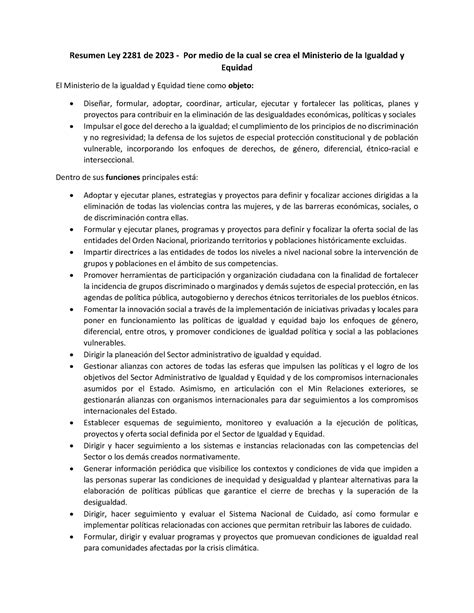 Resumen Ley 2281 De 2023 Por Medio De La Cual Se Crea El Ministerio