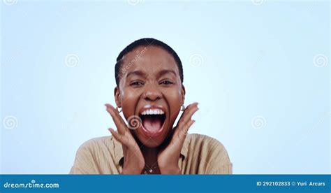 Excited Black Woman And Face From Surprise Win And Announcement In A