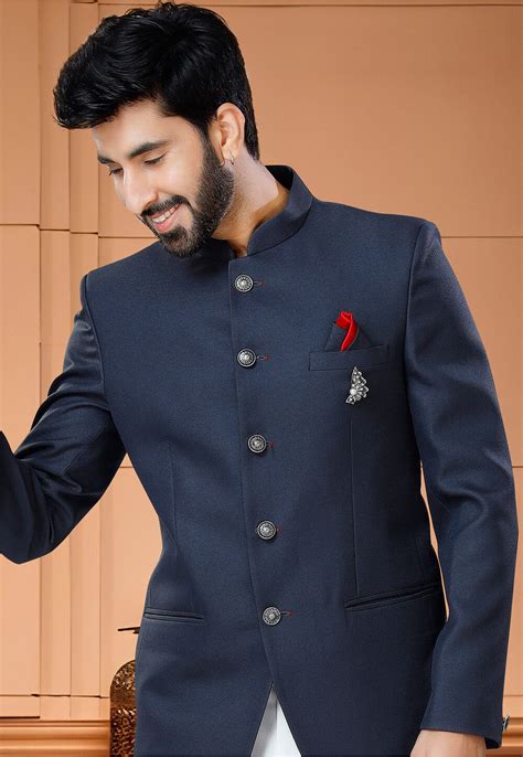 Buy Solid Color Terry Rayon Jodhpuri Suit In Navy Blue Online Muy