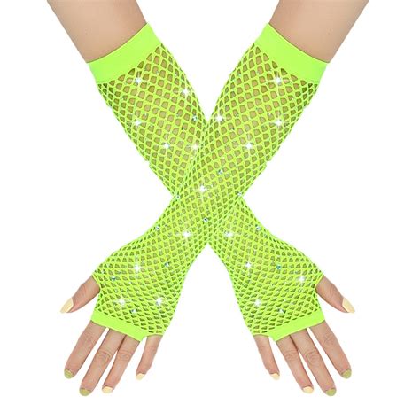 Rbaofujie Halloween 80s 90s Fishnet Fingerless Rhinestone Mesh Gloves