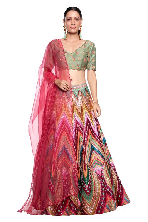 Buy Siddhartha Bansal Multi Color Raw Silk Embroidered Lehenga Set