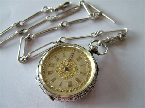 Antique Silver Fob Watch And Chain C1890