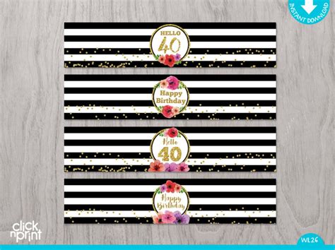 40th Birthday Print Yourself Water Bottle Labels Black White And Gold With Flowers 40th