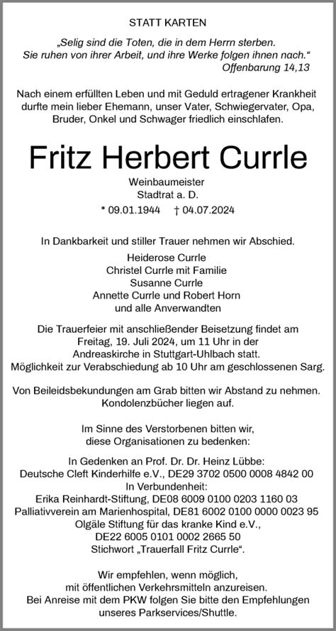 Traueranzeigen Von Fritz Herbert Currle Zvw Trauer