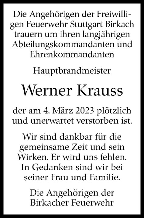 Traueranzeigen Von Werner Krauss Stuttgart Gedenkt De