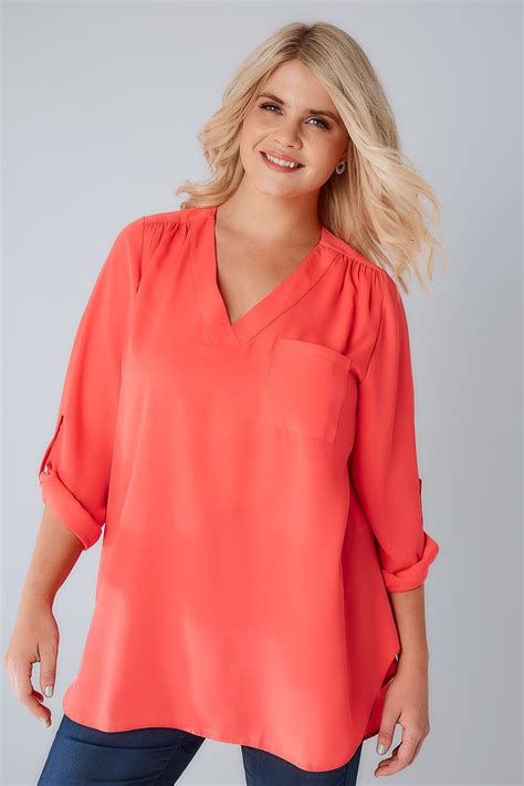 Coral Woven V Neck Blouse With Pocket Plus Size 16 To 32