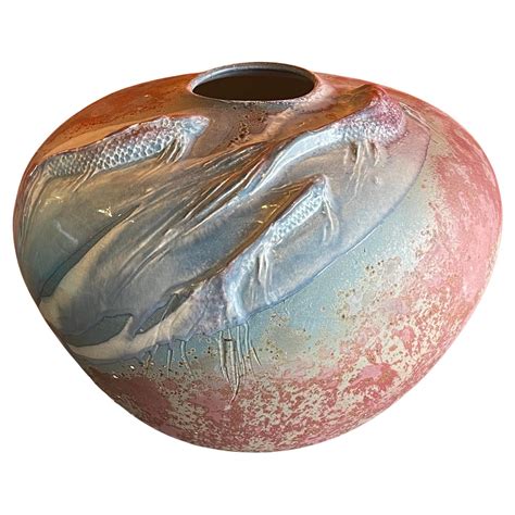 Large Raku Pottery Vase Pot With Koi Fish By Tony Evans For Sale At