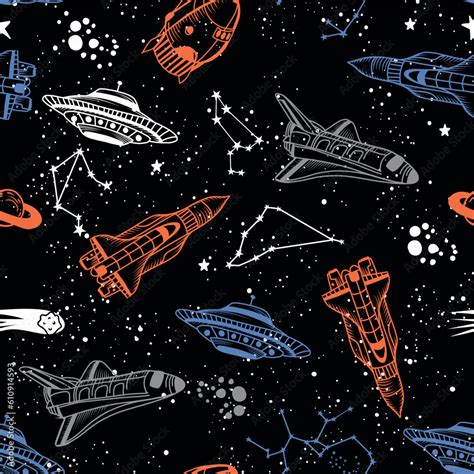 Hand Drawn Seamless Space Pattern With Space Rockets Planets Stars